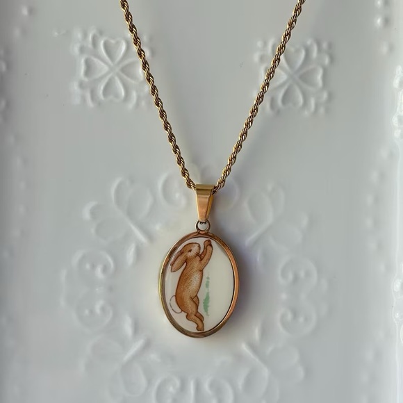 Jewelry - Gold Bunny Necklace | Broken China Jewelry | Royal Doulton Bunnykins